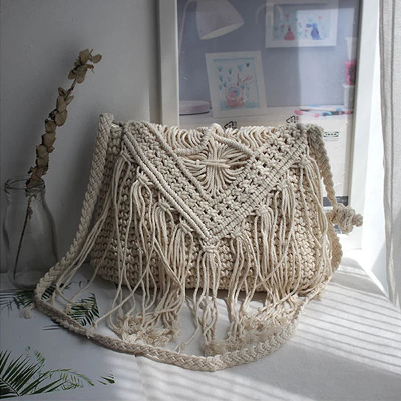 Handmade Cotton Crossbody Bag - Vintage Tassel Shoulder Messenger for Women Summer Beach Handbag 2023 - ZOOMNSTORE