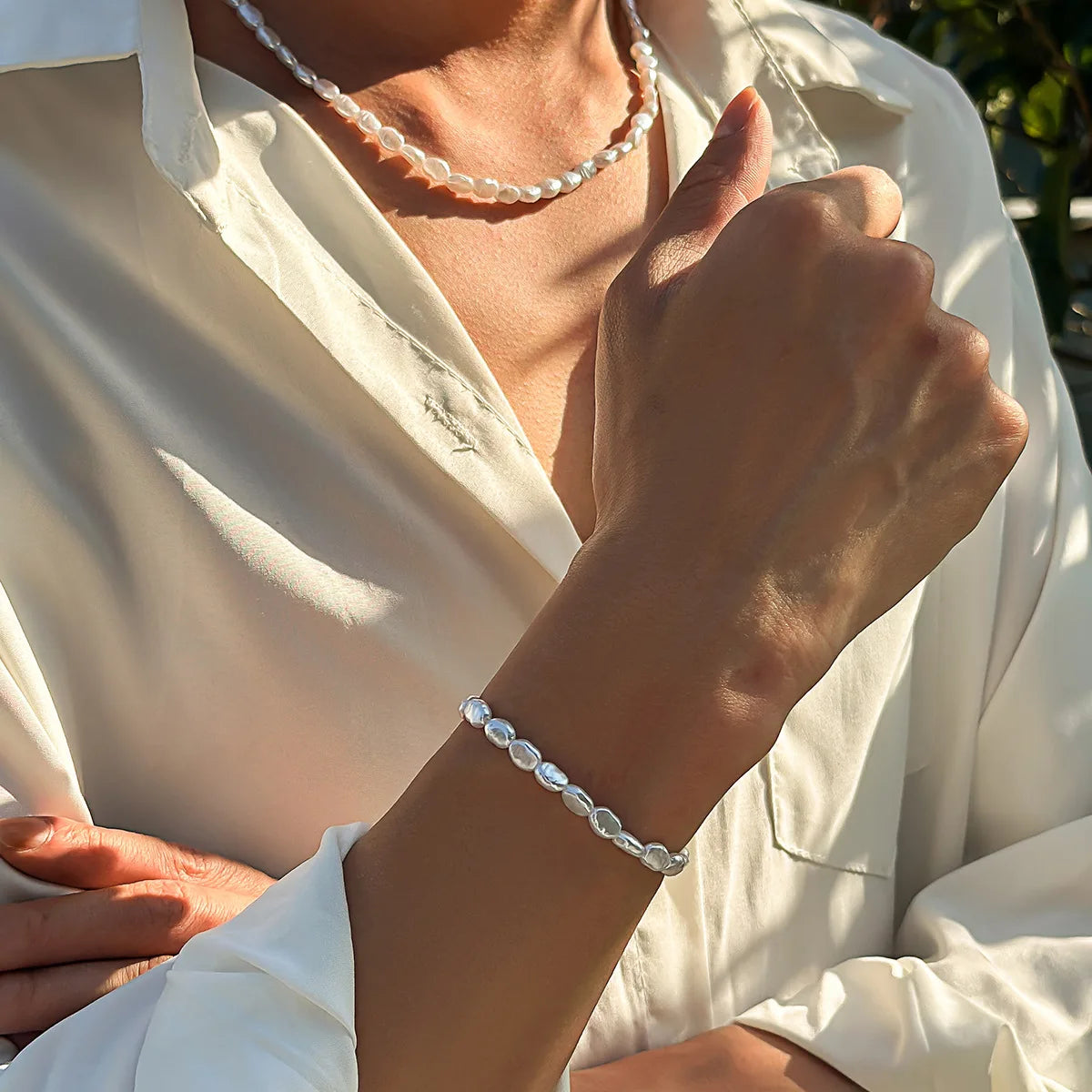 Handmade Oval Pearl Chain Bracelet Necklace Set - Unisex Fashion Jewelry - ZOOMNSTORE