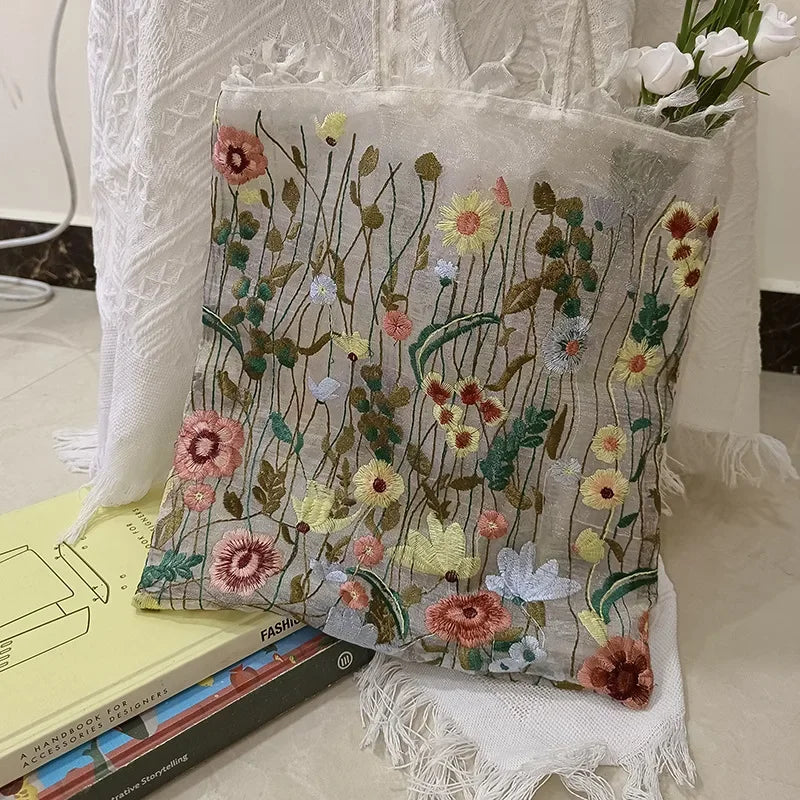 Handmade Retro Flower Embroidered Shoulder Bag - Womens Lace Tote for Beach and Art - ZOOMNSTORE