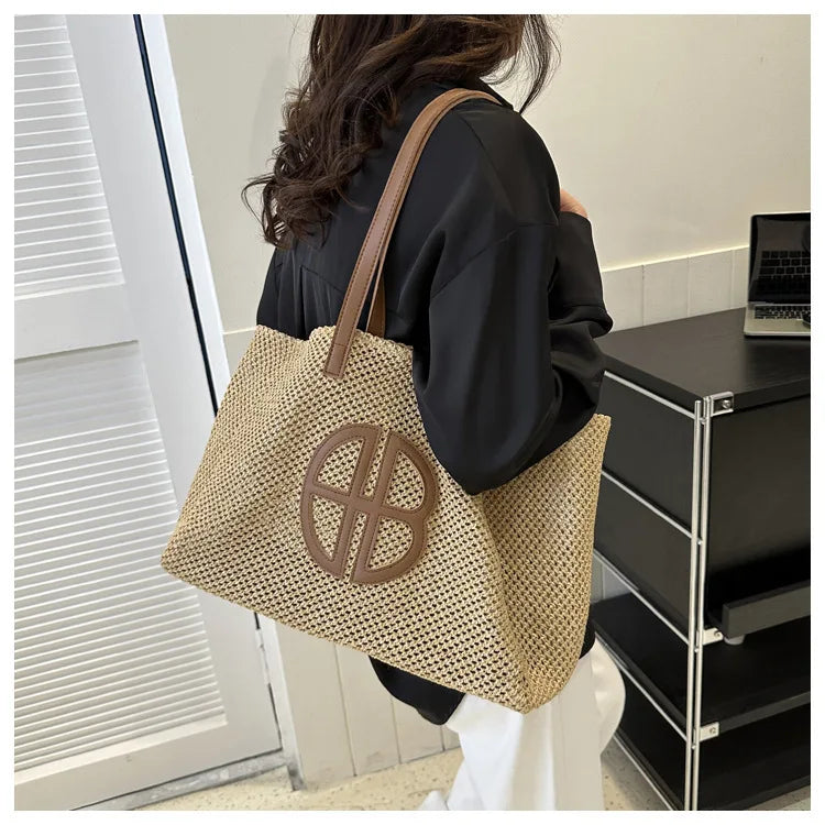 Handmade Straw Tote Bag - Large Capacity Ethnic Style Beach Shoulder Bag for Women 2023 - ZOOMNSTORE
