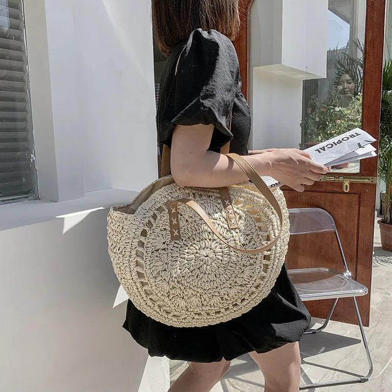 Handmade Woven Straw Beach Bag - Large Capacity Rattan Shoulder Tote for Women - ZOOMNSTORE