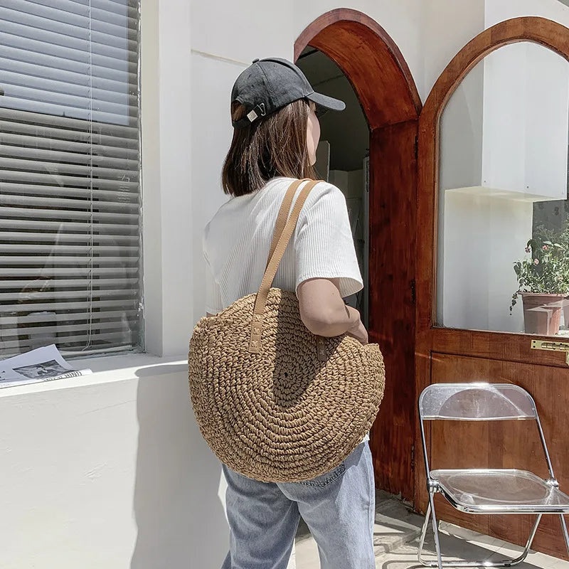 Handmade Woven Straw Beach Bag - Large Capacity Rattan Shoulder Tote for Women - ZOOMNSTORE