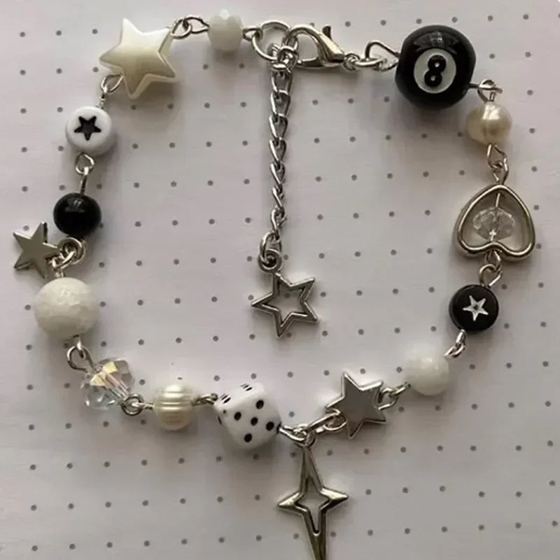 Handmade Y2K Gothic Beaded Dice Bracelet - No 8 Ball Star Design - ZOOMNSTORE