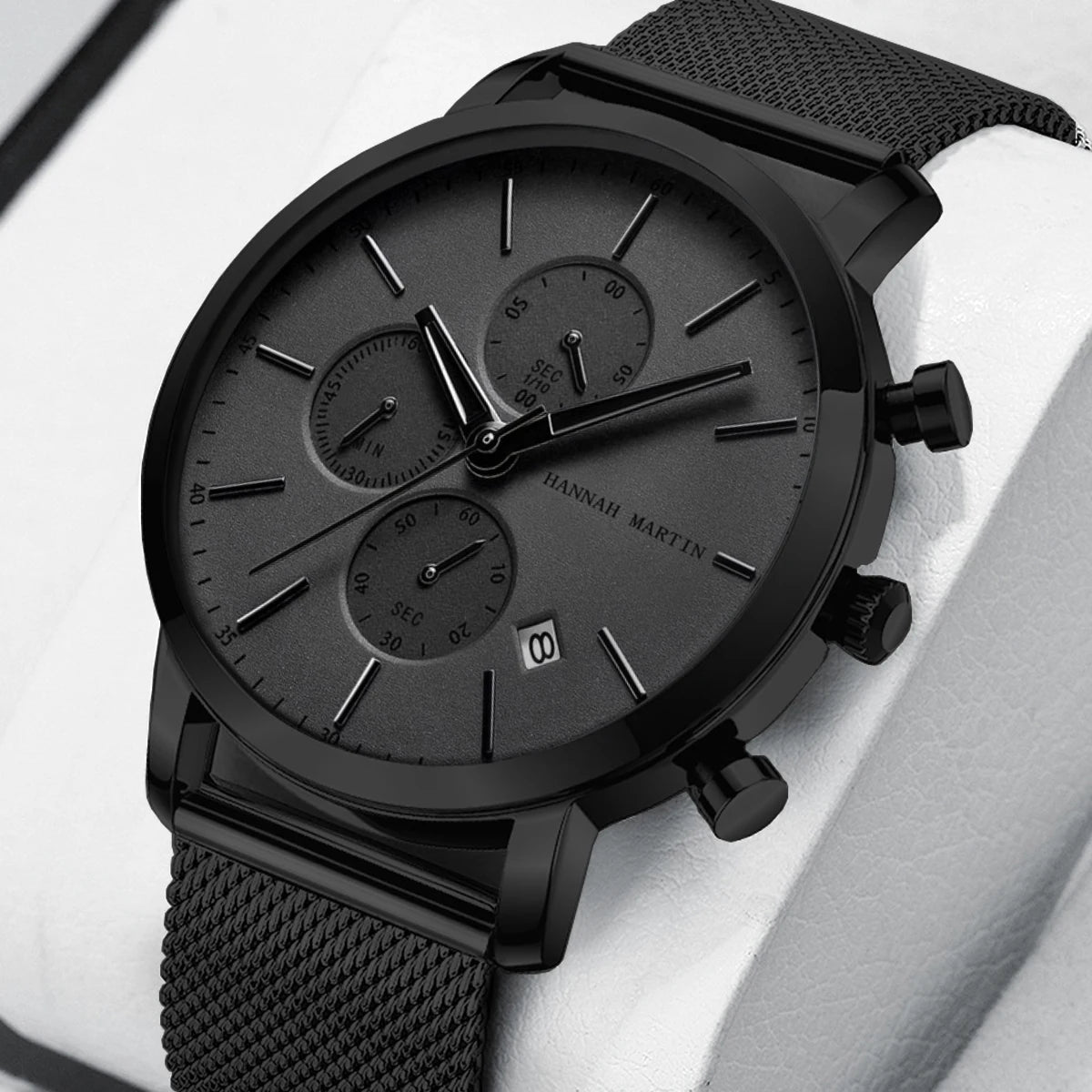 Hannah Martin Mens Waterproof Sports Watch - Black Dial Stainless Steel Quartz Clock - ZOOMNSTORE