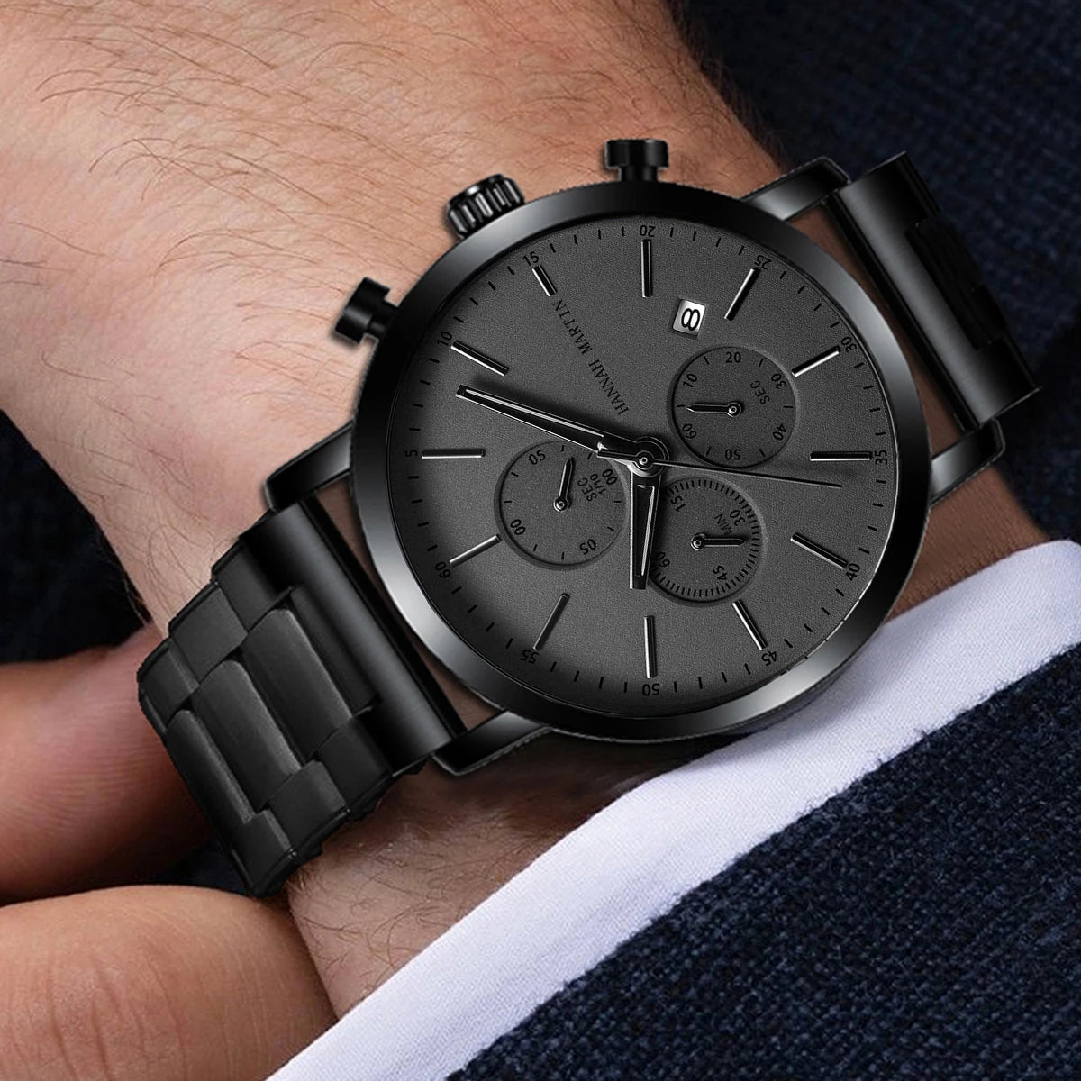 Hannah Martin Mens Waterproof Sports Watch - Black Dial Stainless Steel Quartz Clock - ZOOMNSTORE