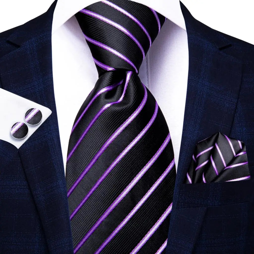Black Floral Silk Wedding Tie Set - Elegant Necktie with Handkerchief Cufflinks for Men