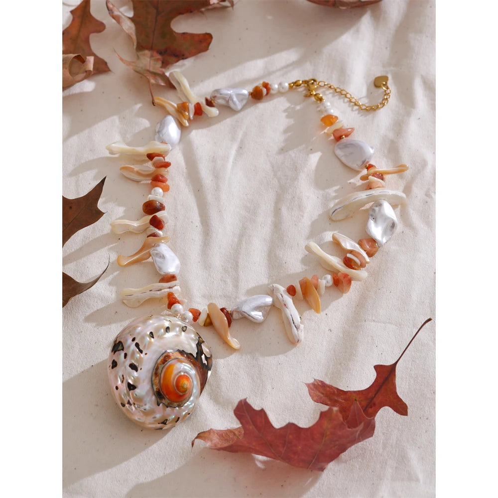 Natural Baroque Pearl Conch Pendant Necklace - Handmade Beach Jewelry for Women with Gift Box - ZOOMNSTORE