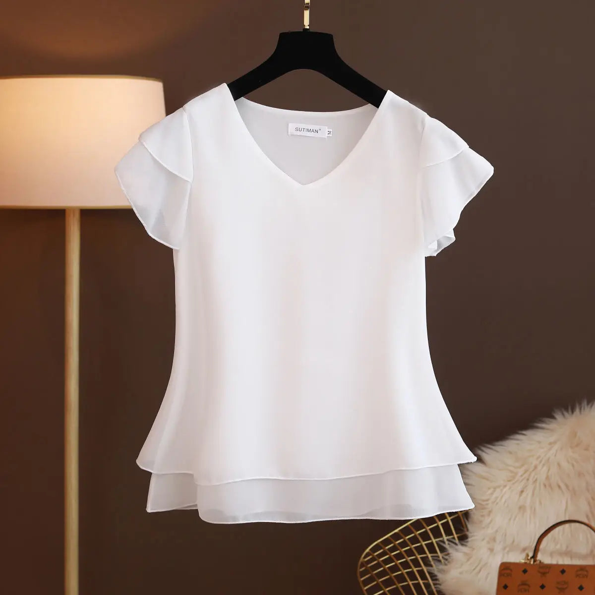 2026 New Summer Women Blouse Loose V-Neck Chiffon Shirt Female Short Sleeve Blouse Oversized Shirts womens tops and blouses Top
