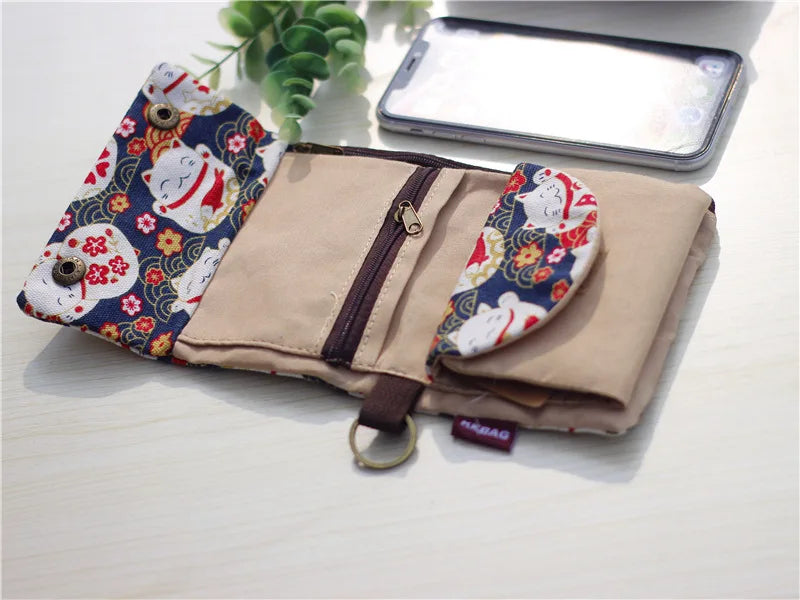 Handmade Three-Fold Fabric Wallet - Multi-Function Zipper Purse for Teens and Adults