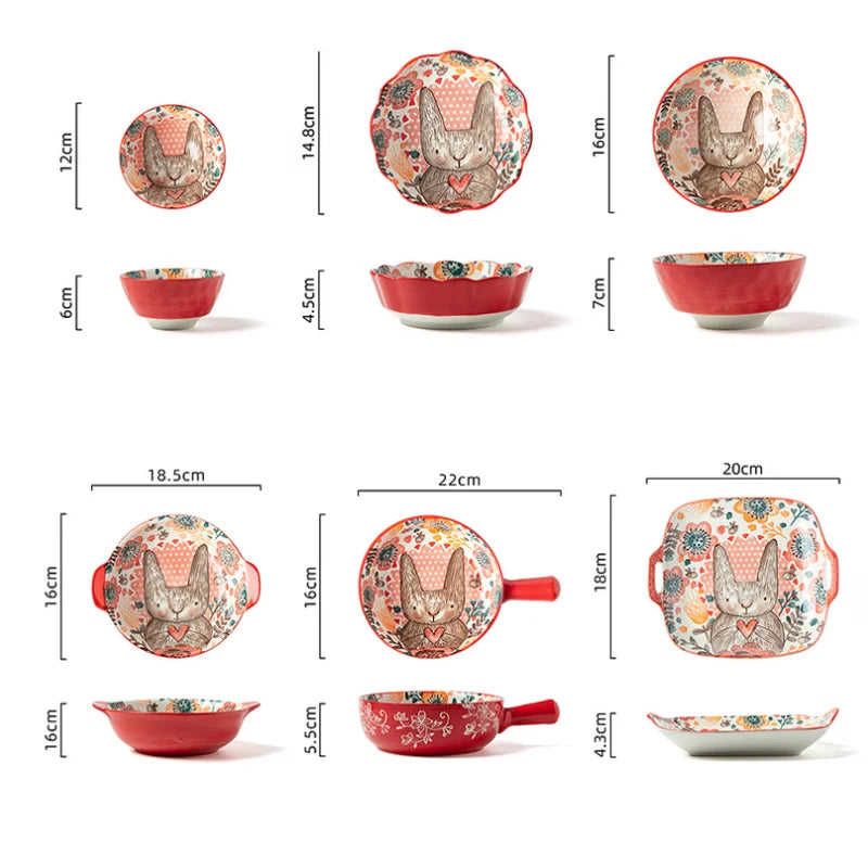 Hand-Painted Rabbit Bowl and Plate Set - Cute Ceramic Soup and Salad Dish