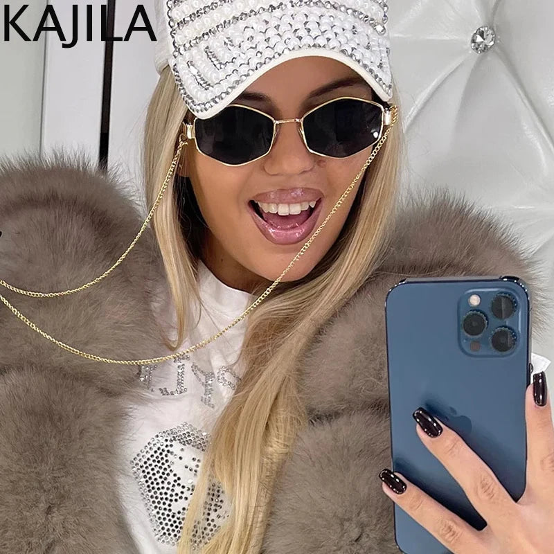 Hexagon Sunglasses with Chain - Luxury Punk Shades for Women - ZOOMNSTORE