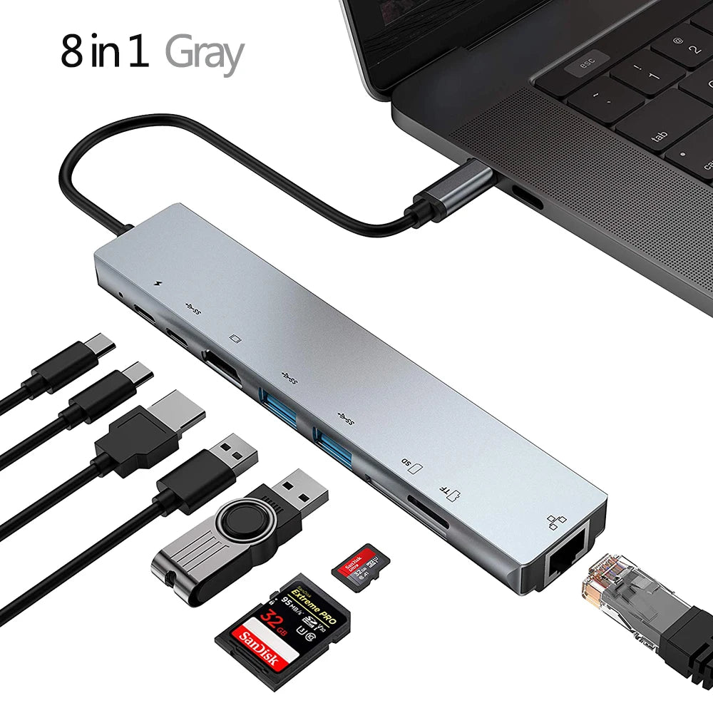 USB C Hub Adapter – 8-in-1 Aluminum Alloy Multiport Docking Station with 4K HDMI, Thunderbolt 3 & RJ45 Ethernet