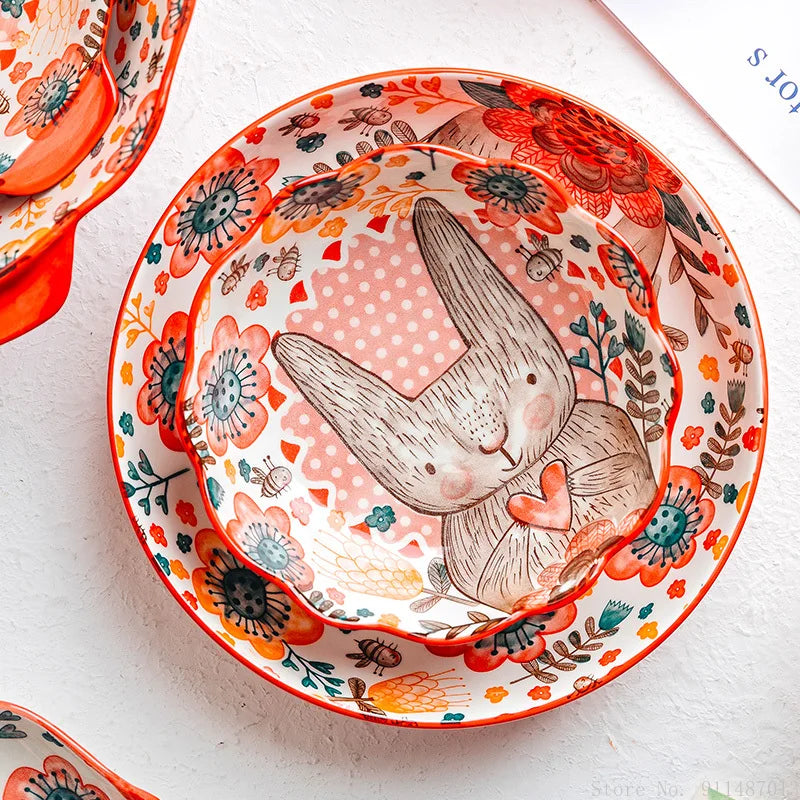 Hand-Painted Rabbit Bowl and Plate Set - Cute Ceramic Soup and Salad Dish