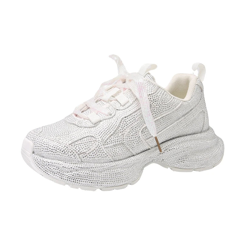 High Heel Platform Sneakers - Womens Lace-Up Casual Crystal Running Shoes - ZOOMNSTORE
