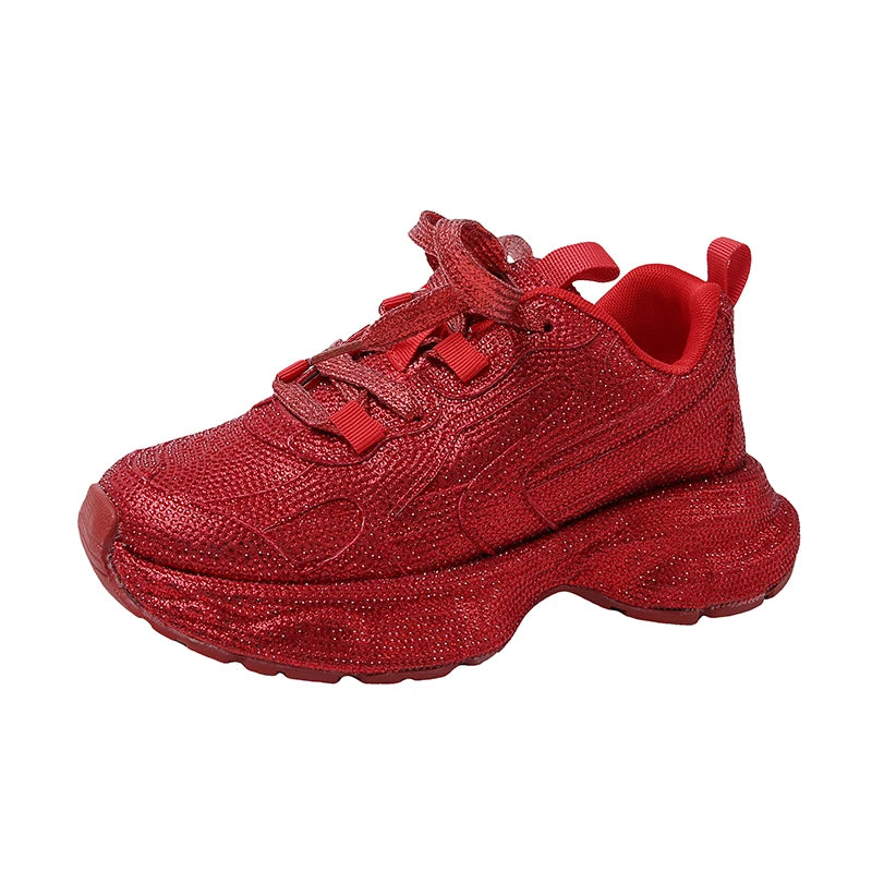 High Heel Platform Sneakers - Womens Lace-Up Casual Crystal Running Shoes - ZOOMNSTORE