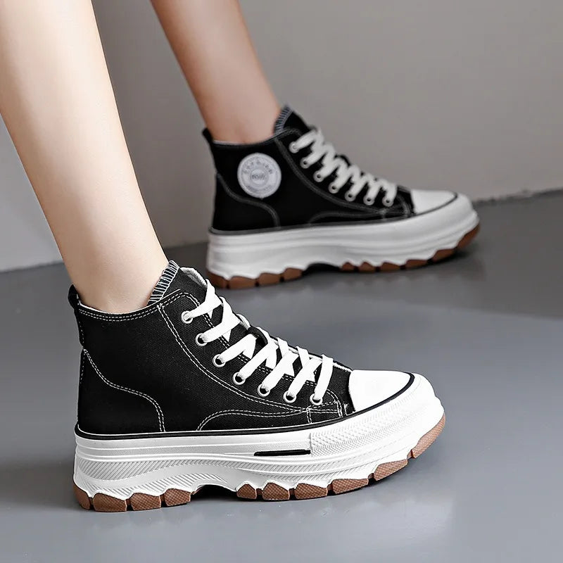 High Top Canvas Sneakers - Womens Lace-Up Platform Shoes Non-Slip Wear Resistant - ZOOMNSTORE