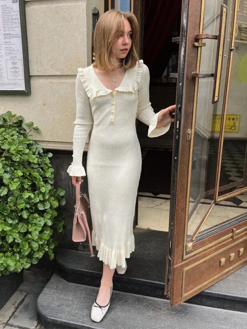 High Waist Ruffled Maxi Dress - Womens Vintage Knitted Long Dress for Autumn Winter - ZOOMNSTORE