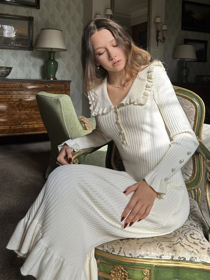 High Waist Ruffled Maxi Dress - Womens Vintage Knitted Long Dress for Autumn Winter - ZOOMNSTORE