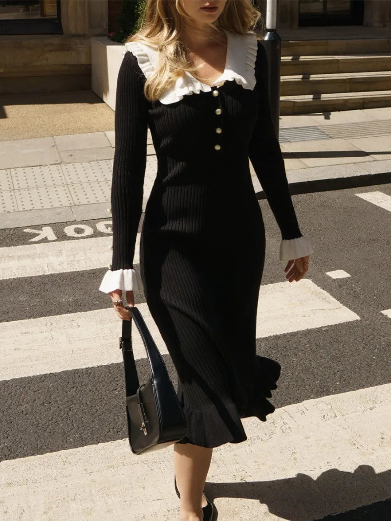 High Waist Ruffled Maxi Dress - Womens Vintage Knitted Long Dress for Autumn Winter - ZOOMNSTORE