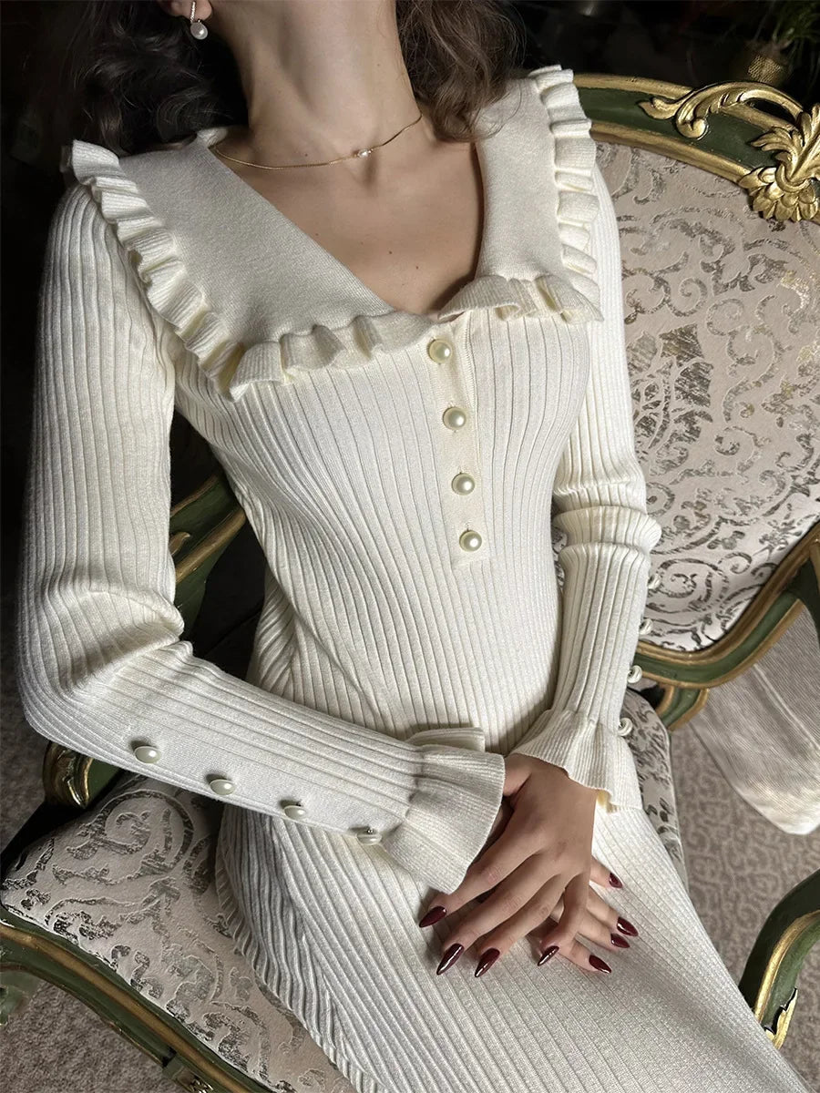 High Waist Ruffled Maxi Dress - Womens Vintage Knitted Long Dress for Autumn Winter - ZOOMNSTORE