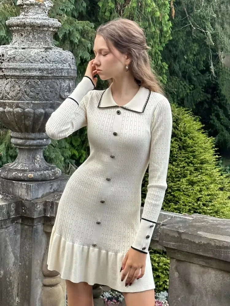 High Waist Ruffled Maxi Dress - Womens Vintage Knitted Long Dress for Autumn Winter - ZOOMNSTORE