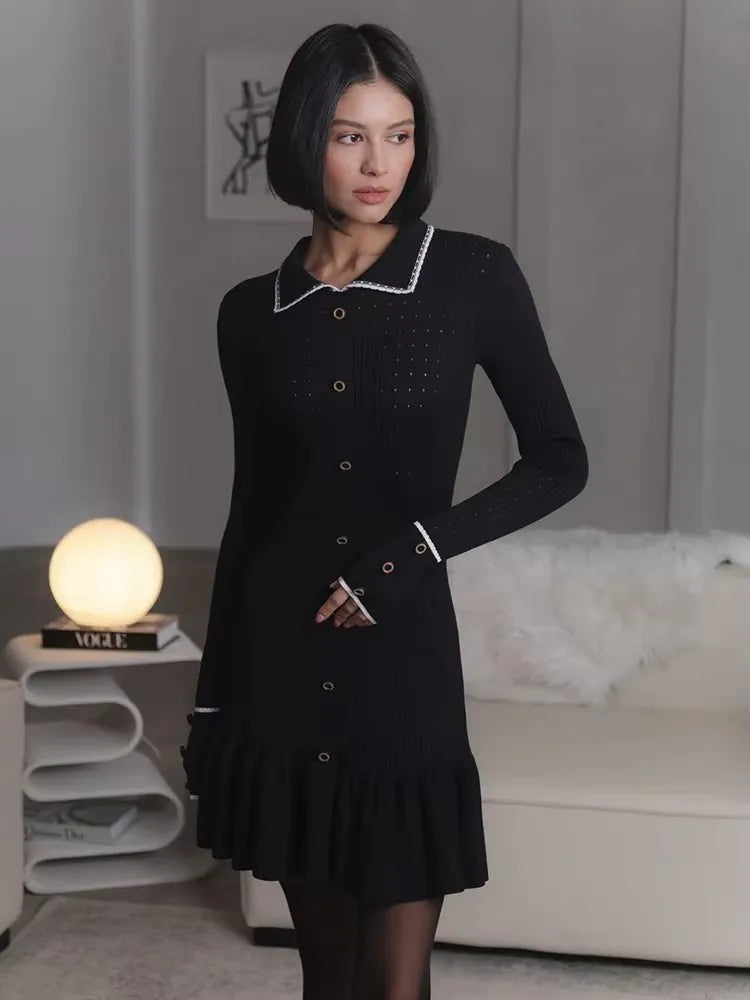 High Waist Ruffled Maxi Dress - Womens Vintage Knitted Long Dress for Autumn Winter - ZOOMNSTORE