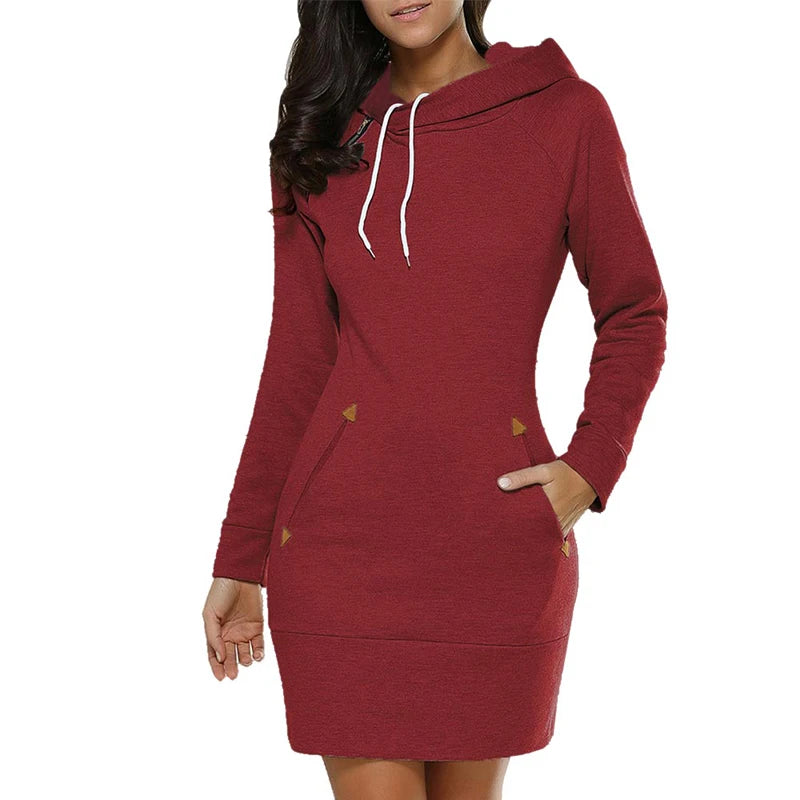 Hooded Sweatshirt Dress with Pockets - Womens Knee-Length Long Sleeve Casual Sports Dress - ZOOMNSTORE