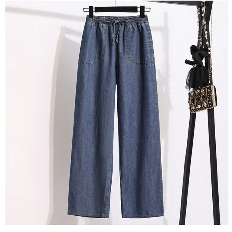 Ice Silk Straight Leg Jeans Women's Spring Summer Loose Fit Ultra Thin Long Pants Wide Leg Casual High Waist Zipper ket - ZOOMNSTORE