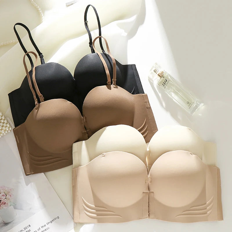 Invisible Push Up Bra - Front Closure Strapless Seamless Bralette for Women - ZOOMNSTORE