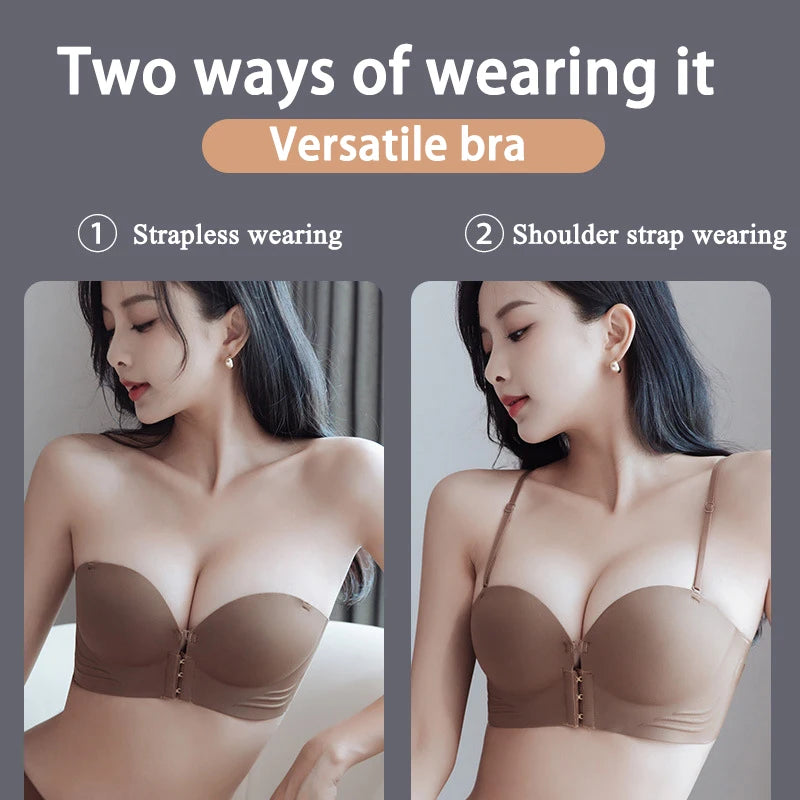 Invisible Push Up Bra - Front Closure Strapless Seamless Bralette for Women - ZOOMNSTORE