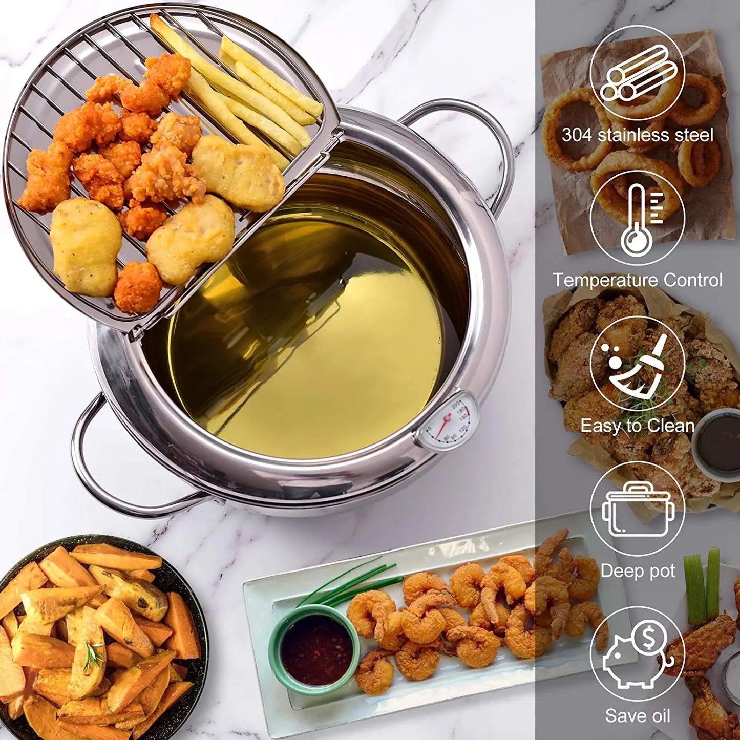Japanese Deep Frying Pot - 304 Stainless Steel Tempura Fryer with Thermometer Lid 20-24 cm - ZOOMNSTORE