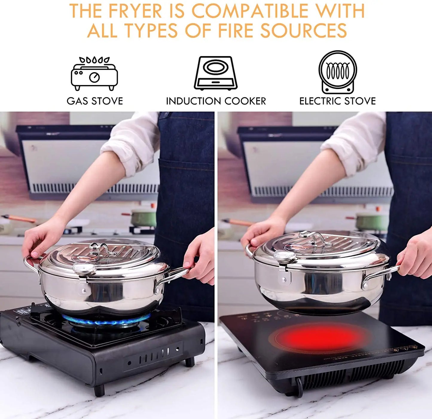 Japanese Deep Frying Pot - 304 Stainless Steel Tempura Fryer with Thermometer Lid 20-24 cm - ZOOMNSTORE