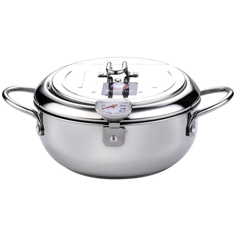 Japanese Deep Frying Pot - 304 Stainless Steel Tempura Fryer with Thermometer Lid 20-24 cm - ZOOMNSTORE