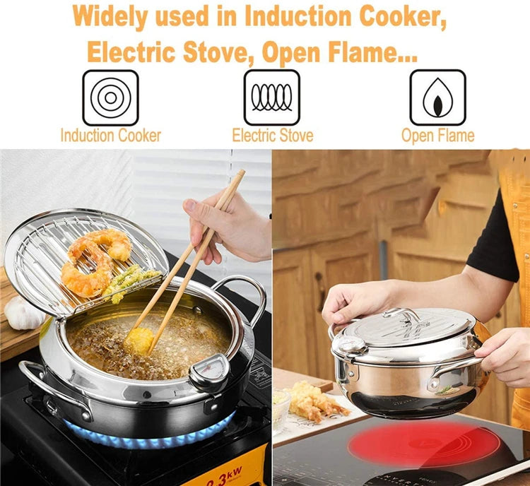 Japanese Deep Frying Pot - 304 Stainless Steel Tempura Fryer with Thermometer Lid 20-24 cm - ZOOMNSTORE