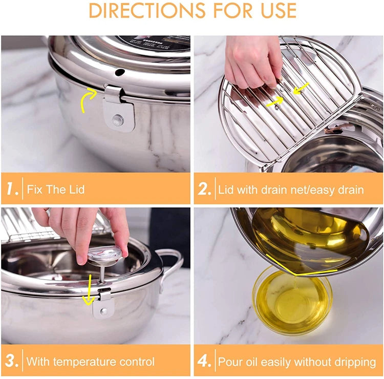 Japanese Deep Frying Pot - 304 Stainless Steel Tempura Fryer with Thermometer Lid 20-24 cm - ZOOMNSTORE
