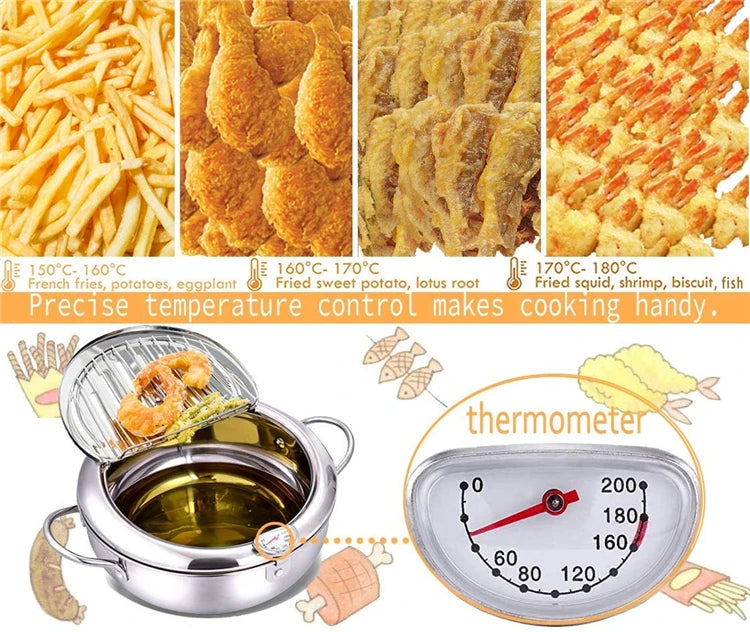 Japanese Deep Frying Pot - 304 Stainless Steel Tempura Fryer with Thermometer Lid 20-24 cm - ZOOMNSTORE