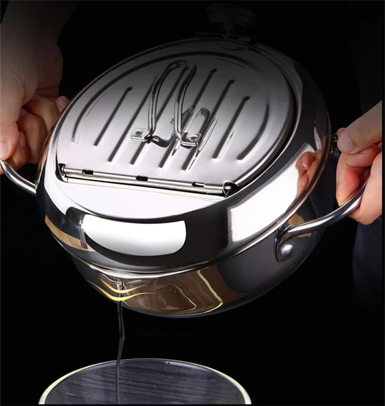 Japanese Deep Frying Pot - 304 Stainless Steel Tempura Fryer with Thermometer Lid 20-24 cm - ZOOMNSTORE