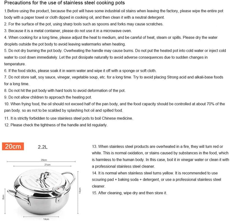 Japanese Deep Frying Pot - 304 Stainless Steel Tempura Fryer with Thermometer Lid 20-24 cm - ZOOMNSTORE