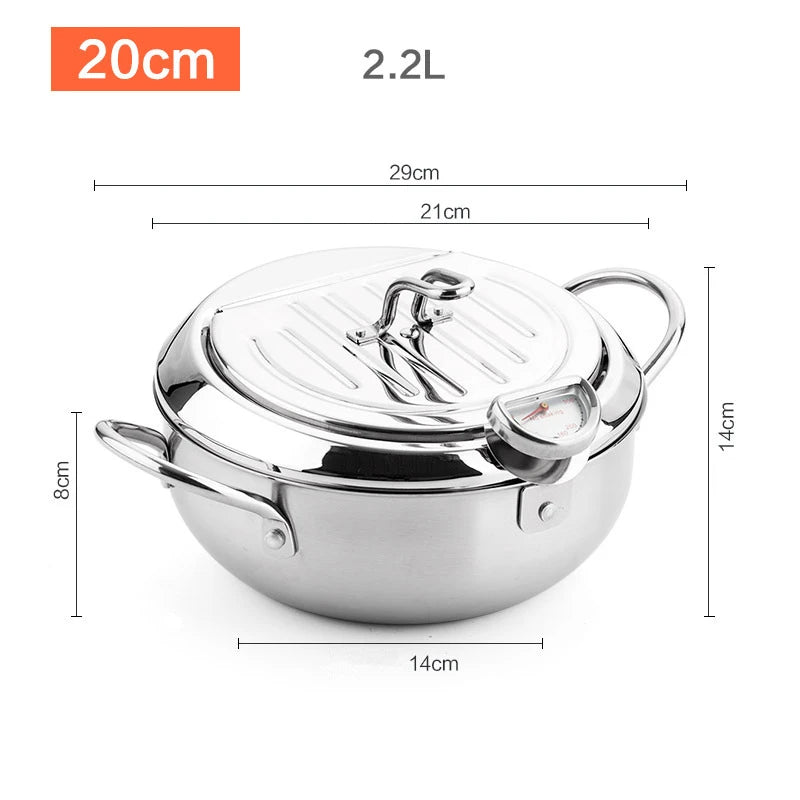 Japanese Deep Frying Pot - 304 Stainless Steel Tempura Fryer with Thermometer Lid 20-24 cm - ZOOMNSTORE