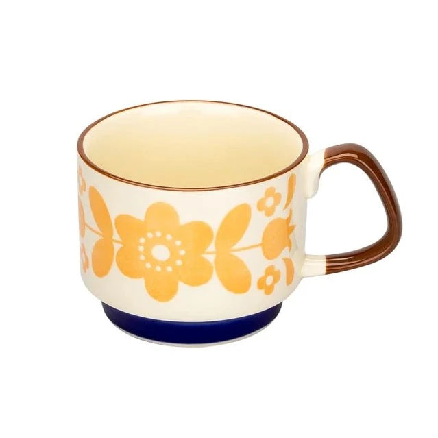 Japanese Flower Coffee Mug - 300ml Retro Ceramic Cup With Handgrip For Office & Kitchen - ZOOMNSTORE