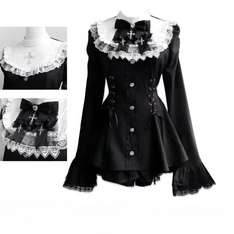 Japanese Gothic Lolita Dress | Y2k Mini Dress With Lace Ruffles & Bow Collar - ZOOMNSTORE