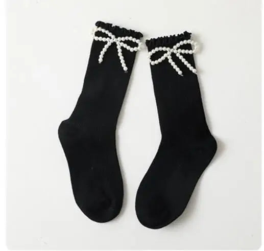 Kids Socks Sweet Bowknot Pearl Lace Stockings Girl Princess Wind Lolita Heap Socks Children Knee High Sock chaussette - ZOOMNSTORE
