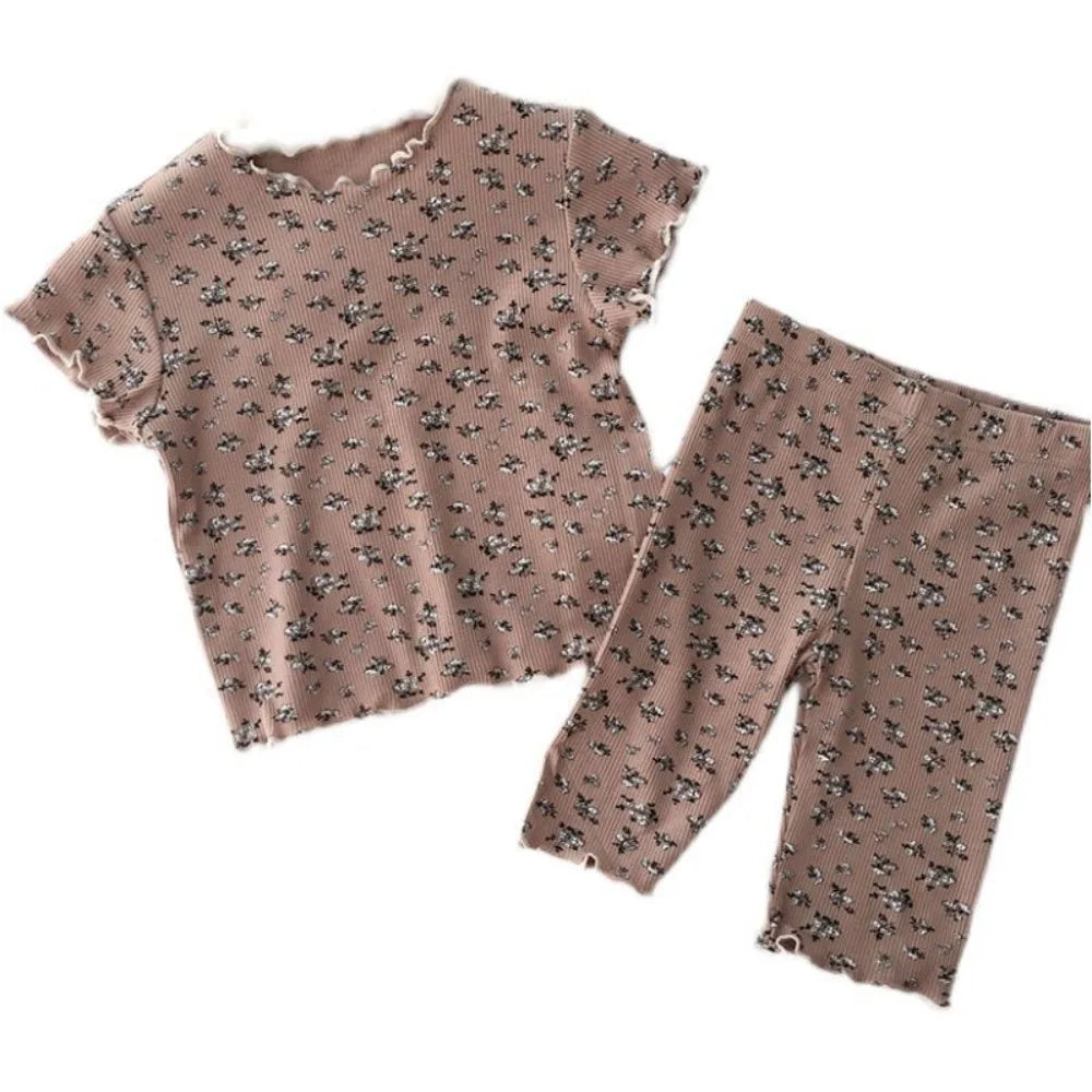 Kids Summer Floral T-Shirt Pants Set - Casual Home Outfit - ZOOMNSTORE