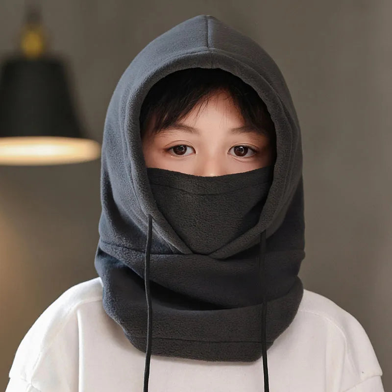 Winter Fleece Kids Balaclava Hat Outdoor Windproof Cycling Cap for Children Boy Girl Solid Color Thick Warm Hooded Beanie Scarf - ZOOMNSTORE