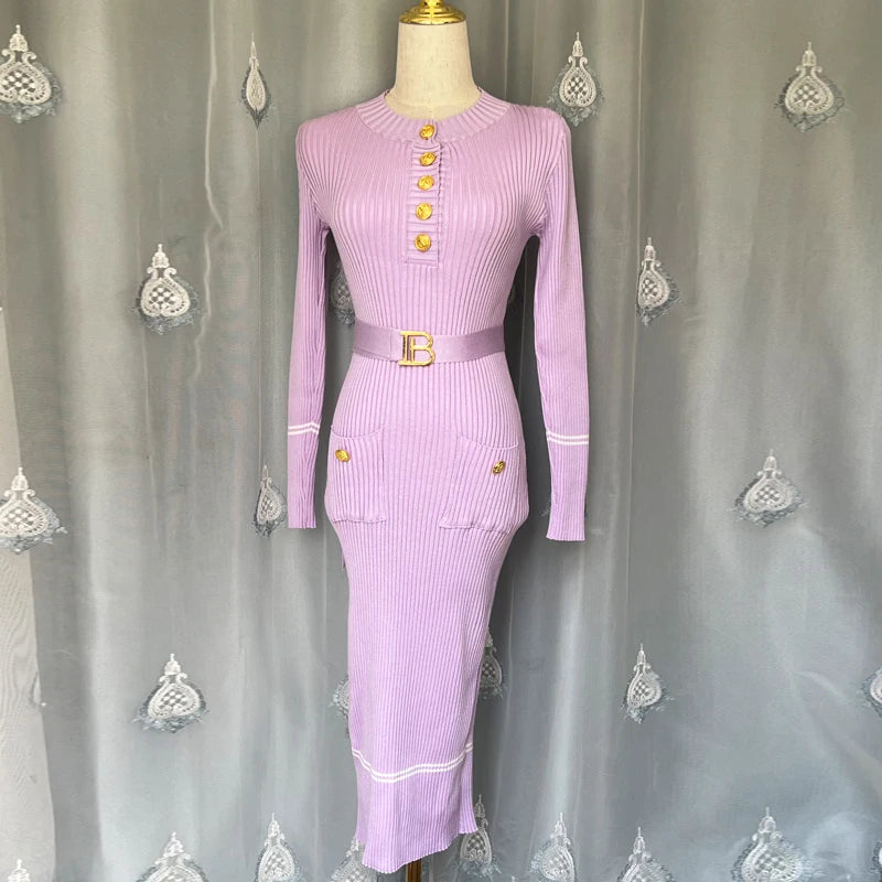 Knitted Bodycon Sweater Dress - Womens O-neck Office Dress with Belt and Buttons - ZOOMNSTORE
