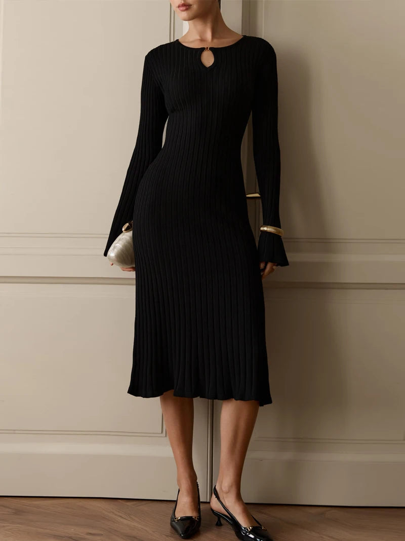 Elegant Knitted Midi Sweater Dress - Womens Long Sleeve Autumn Winter Party Dress - ZOOMNSTORE