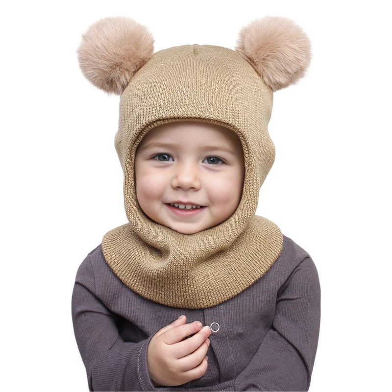 Pompom Baby Winter Hat Scarf One-piece Kids Knitted Beanie Warm Ears Neck Children Bonnet Infant Cap for Girls Boys 1-5Y - ZOOMNSTORE