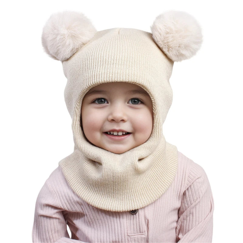 Pompom Baby Winter Hat Scarf One-piece Kids Knitted Beanie Warm Ears Neck Children Bonnet Infant Cap for Girls Boys 1-5Y - ZOOMNSTORE