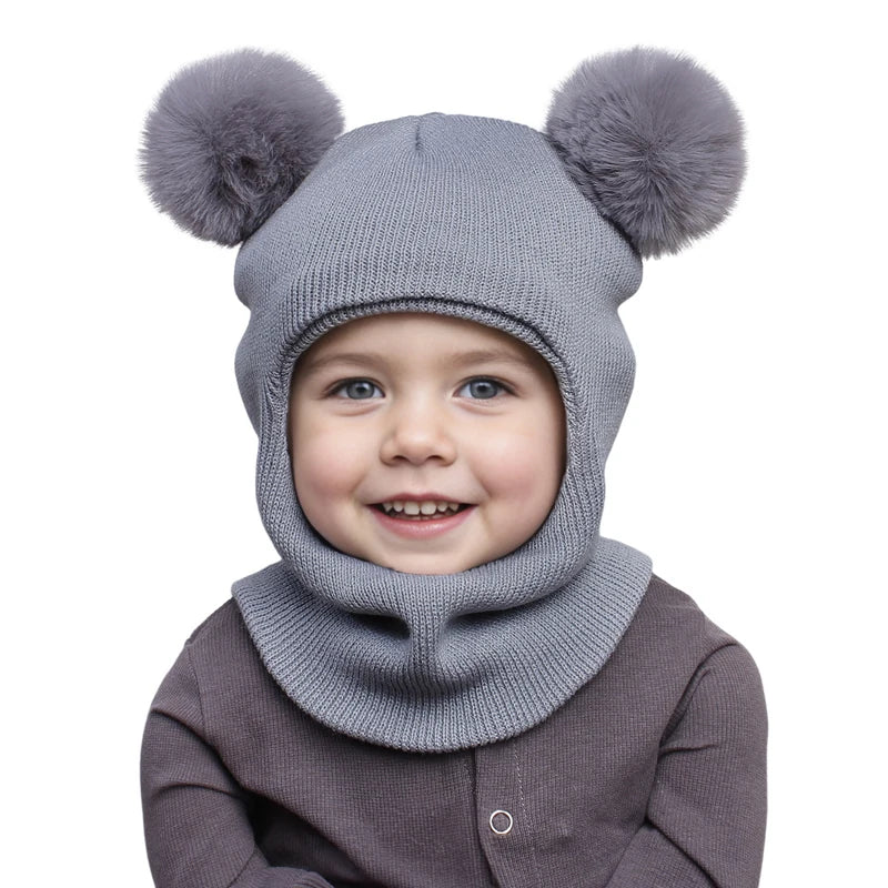 Pompom Baby Winter Hat Scarf One-piece Kids Knitted Beanie Warm Ears Neck Children Bonnet Infant Cap for Girls Boys 1-5Y - ZOOMNSTORE