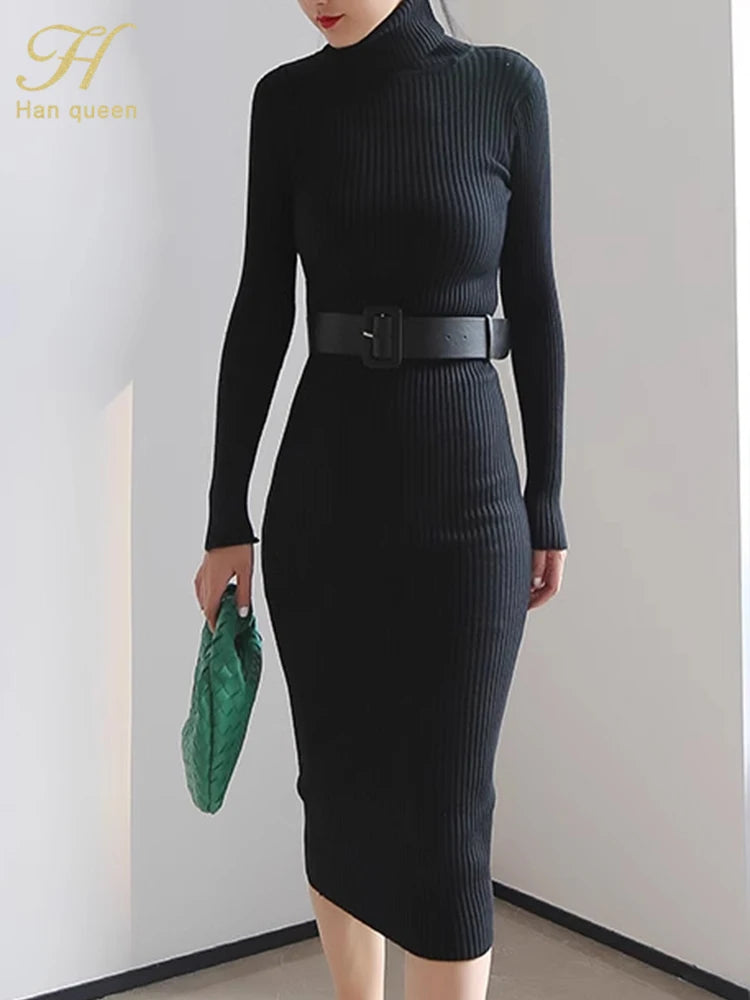 Knitted Turtleneck Bodycon Dress - Soft Elastic Midi Party Dress with Belt for Women - ZOOMNSTORE